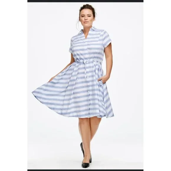 Ellos Womens Striped Button-Front Belted  Short-Sleeve Dress pockets Size‎ 4X - Picture 2 of 11